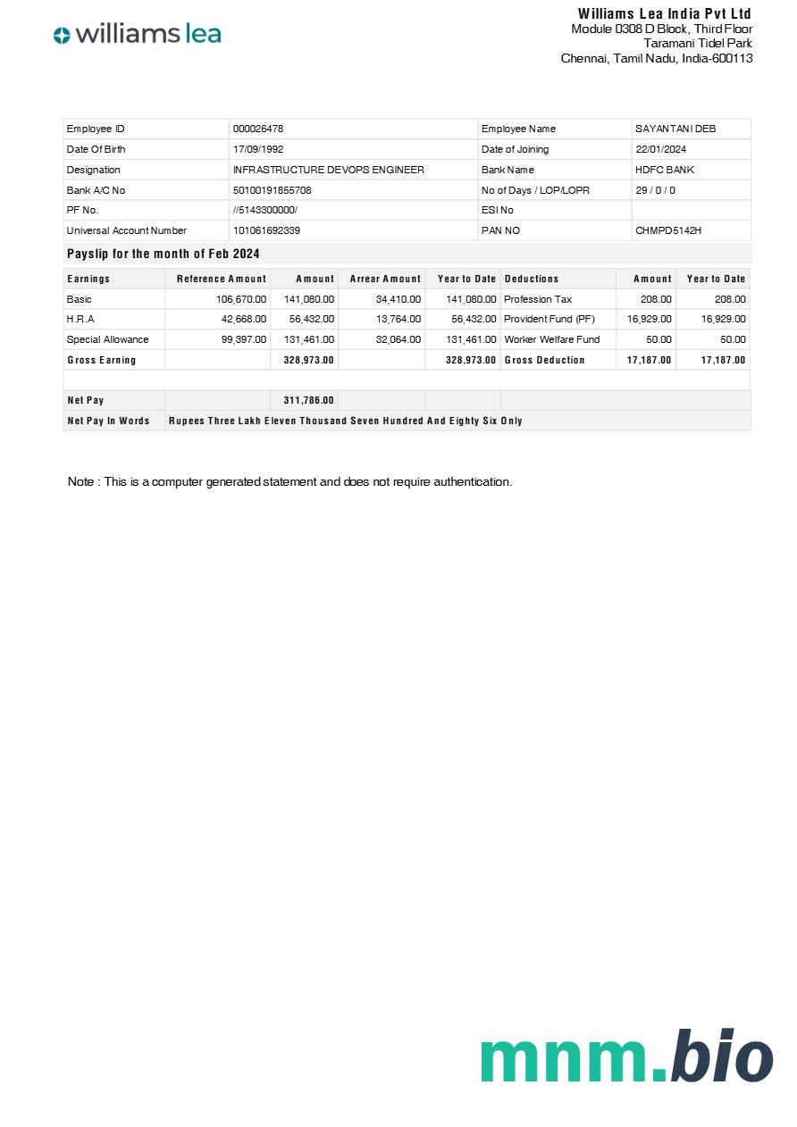 Williams Lea India corporate office payslip szablon w formacie Word i PDF